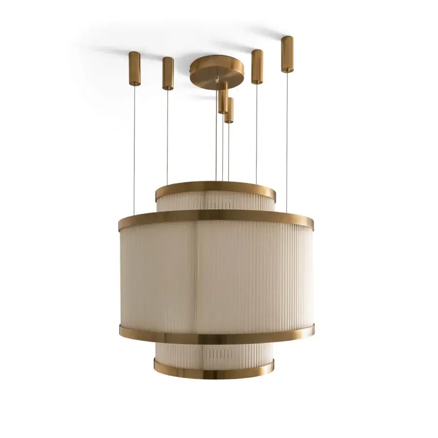 Distinguished Visionnaire Giano suspension lamp with a satin steel frame and central Pyrex glass rods built with warm brass tones