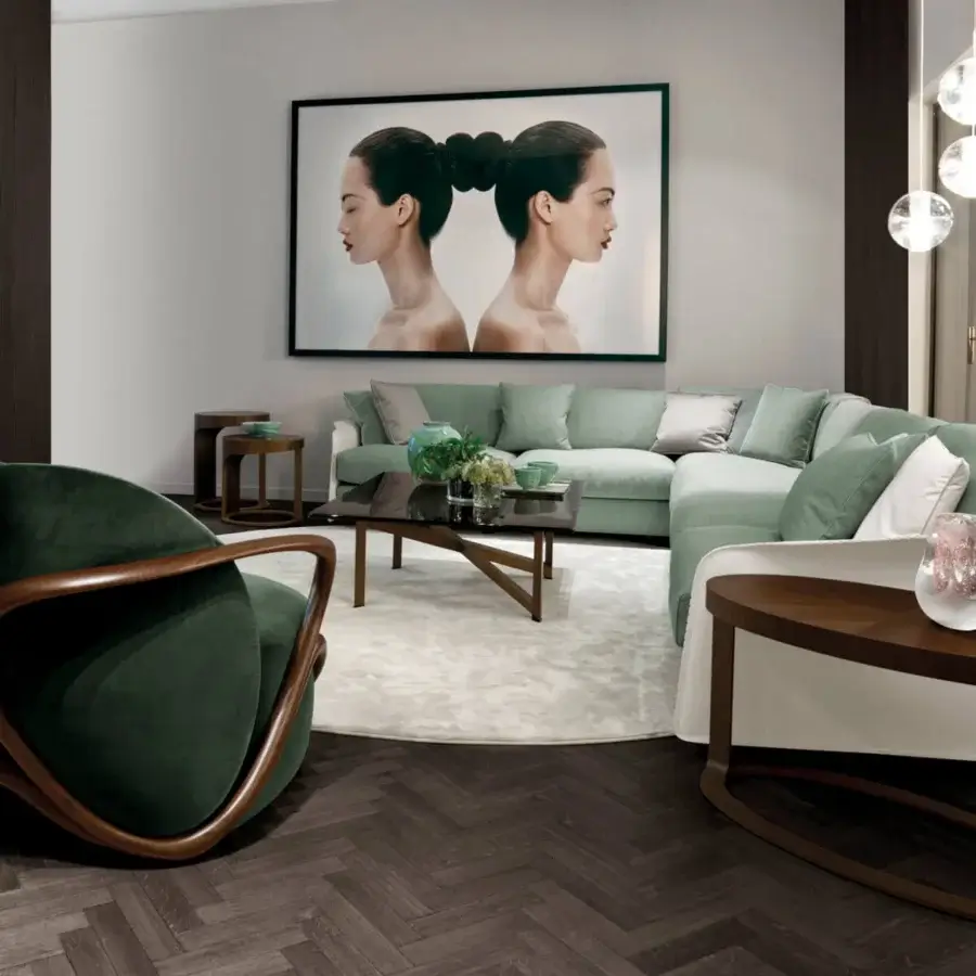 Superior Giorgetti Ling coffee table crafted in curved Canaletto walnut veneer with a satin finish and bronze-painted metal base