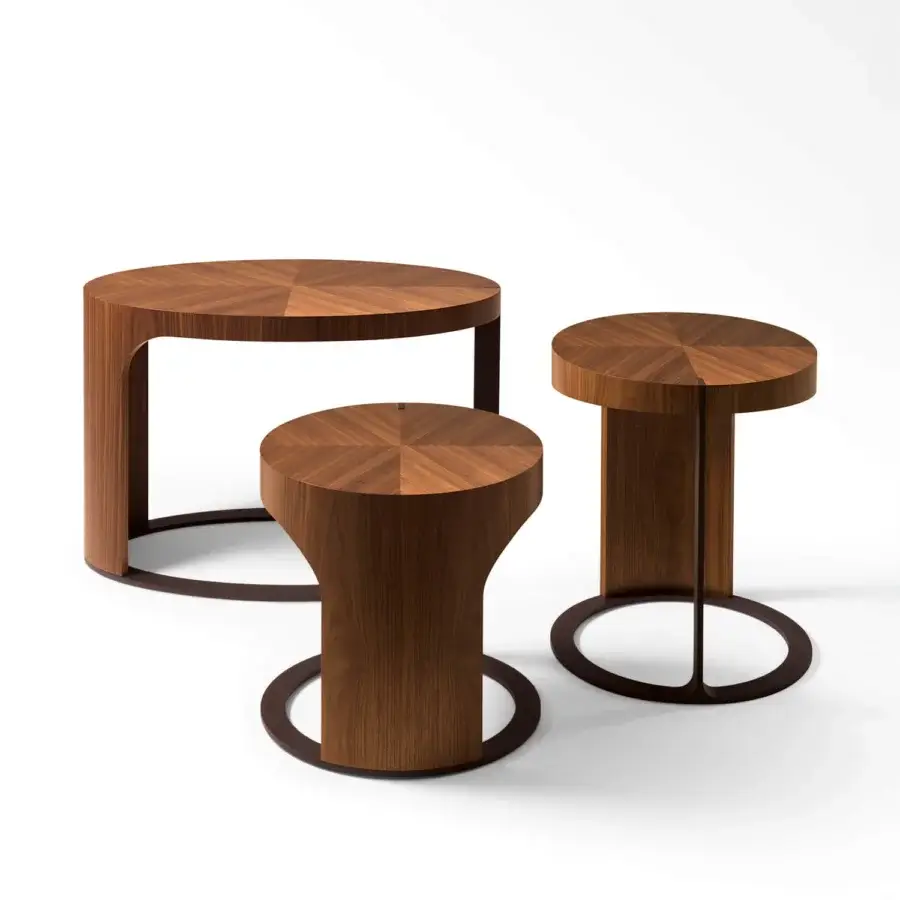 Lavish Giorgetti Ling coffee table crafted in curved Canaletto walnut veneer with a satin finish and bronze-painted metal base