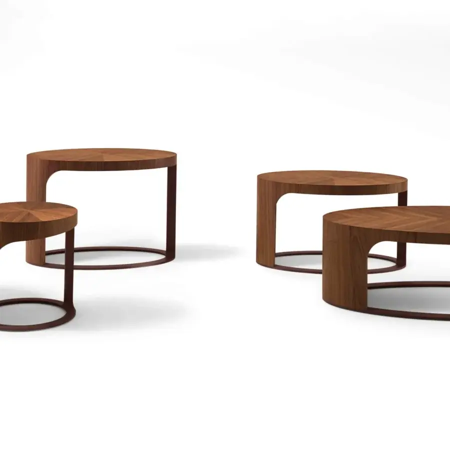 Exceptional Giorgetti Ling coffee table crafted in curved Canaletto walnut veneer with a satin finish and bronze-painted metal base