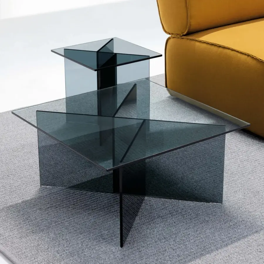 Elegant LaCividina Niby coffee side table built in glass and matte metal with a smoked finish and subtle smoky grey-blue coloration