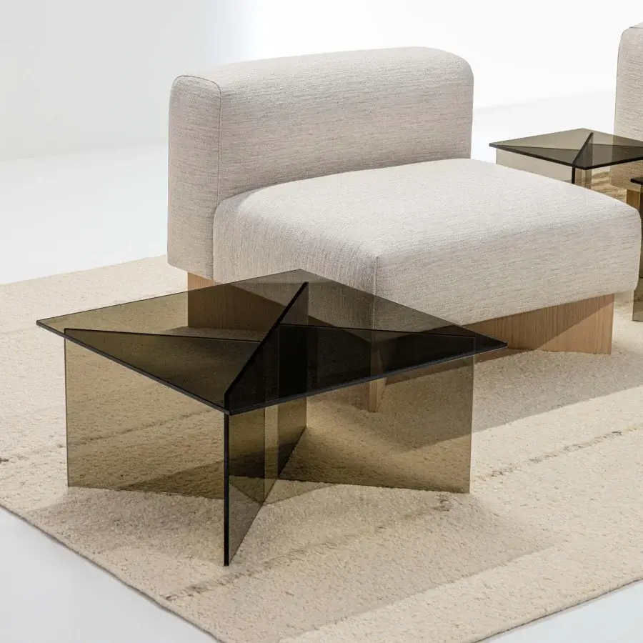 Exceptional LaCividina Niby coffee side table crafted in smoked glass with a light-toned wood connector and geometric planes