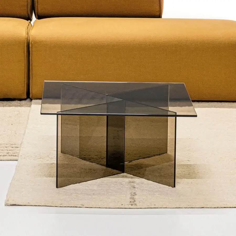 Elegant LaCividina Niby coffee side table built in smoked glass with intersecting transparent panels crafted in Italy