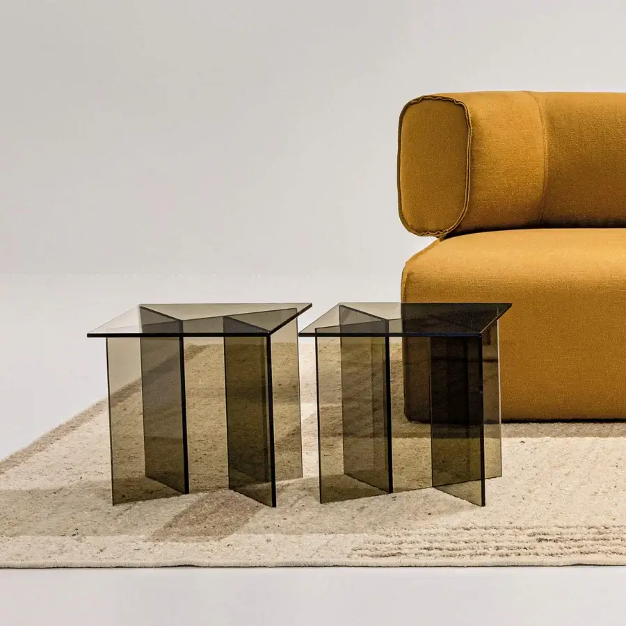 Exceptional LaCividina Niby coffee side table built in smoky grey glass with geometric triangular panels