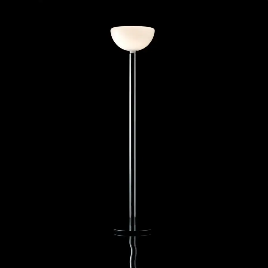 Elegant Nemo AM2 floor lamp crafted in glossy silver metal with a white opaque diffuser for directed illumination