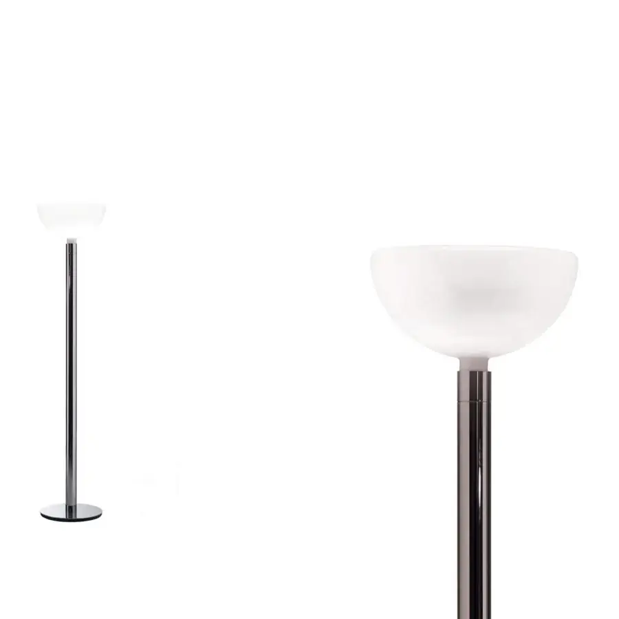 Distinguished Nemo AM2 floor lamp crafted in translucent hand-blown glass with a glossy silver metal stem and base