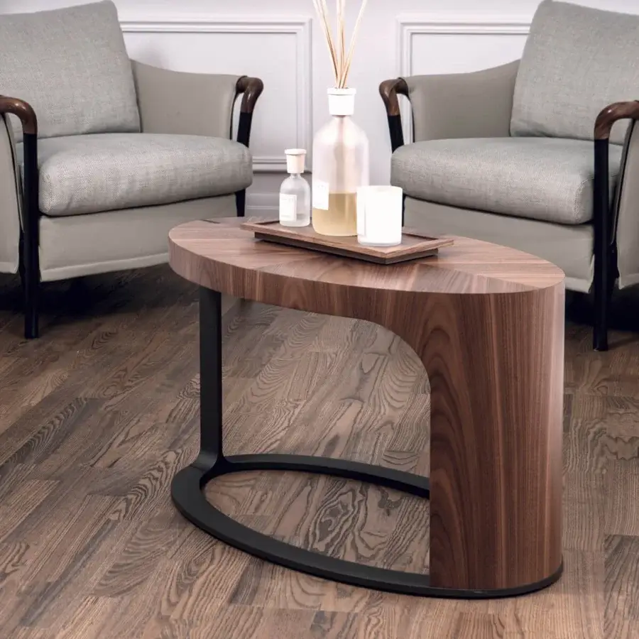 Elegant Giorgetti Ling side table with organically curved form in Canaletto walnut veneer and bronze-painted metal frame