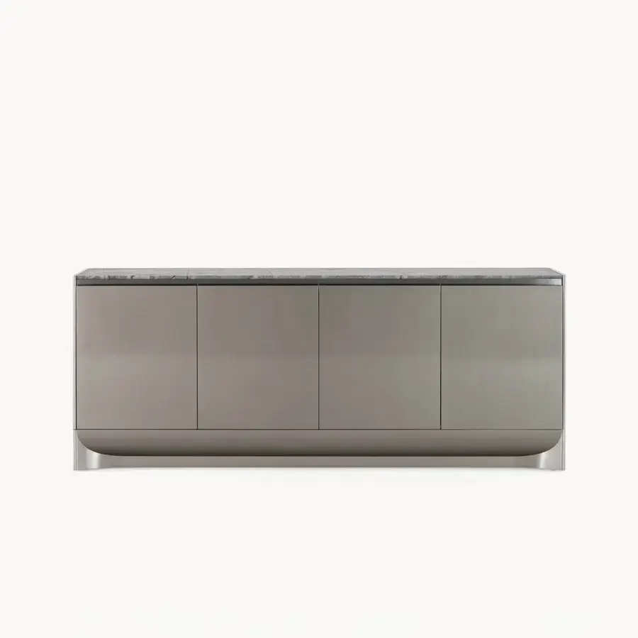 Exclusive Visionnaire Ca' Foscari sideboard with taupe high-gloss lacquered MDF and multilayer wood built with a marble top and satin steel frame