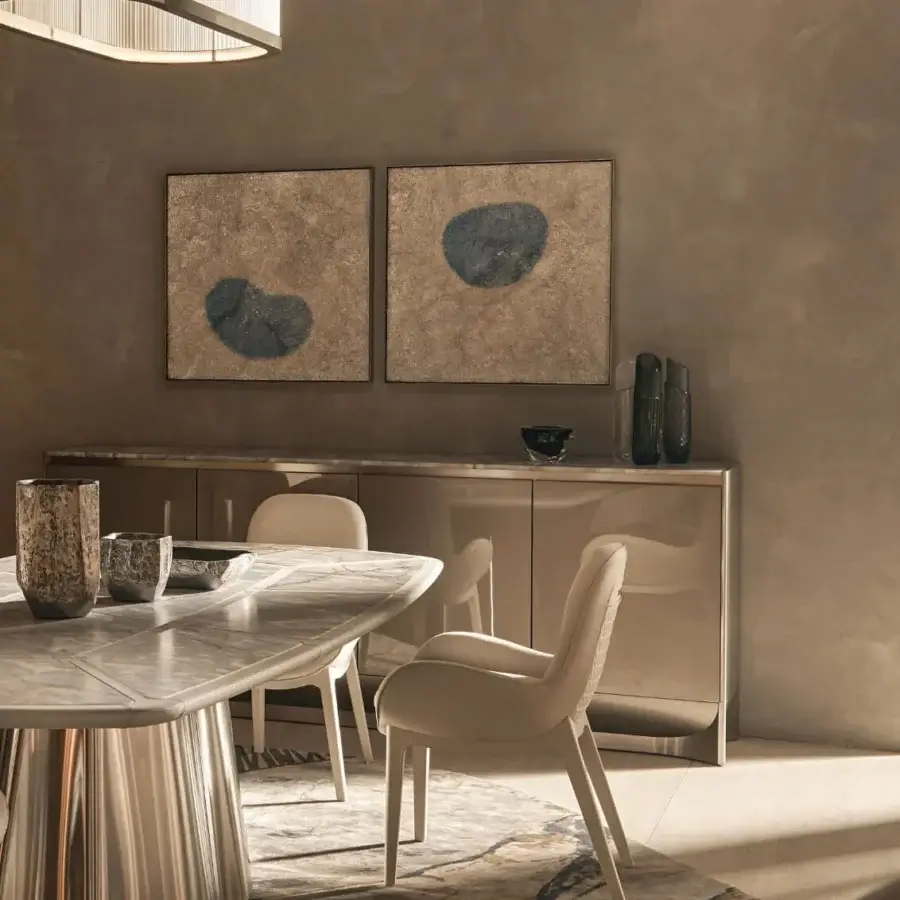 Distinguished Visionnaire Ca' Foscari sideboard with neutral beige high-gloss lacquered MDF and multilayer wood built with a satin steel plinth