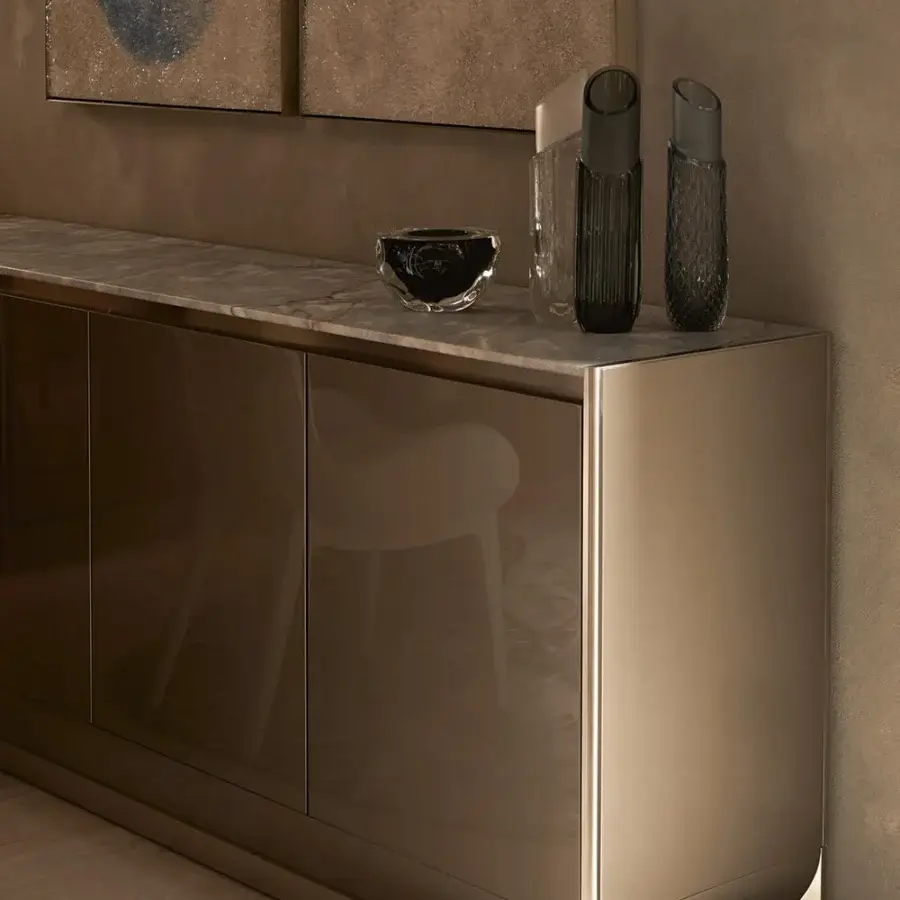 Exceptional Visionnaire Ca' Foscari sideboard crafted with bronze gloss lacquered MDF, multilayer wood, satin steel, and marble