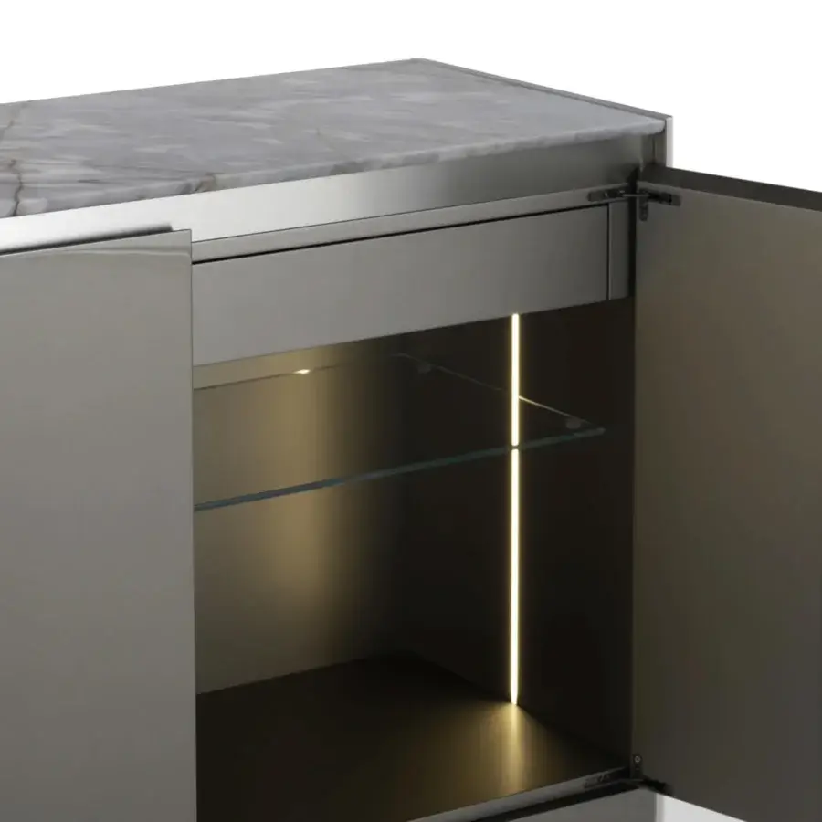 Elegant Visionnaire Ca' Foscari sideboard crafted with gloss lacquered MDF, multilayer wood, satin steel, and grey marble