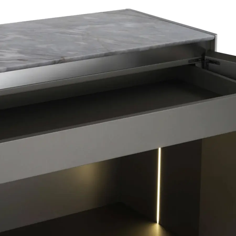 Distinguished Visionnaire Ca' Foscari sideboard built with cool gray lacquered MDF, multilayer wood, and a marble top with subtle veining