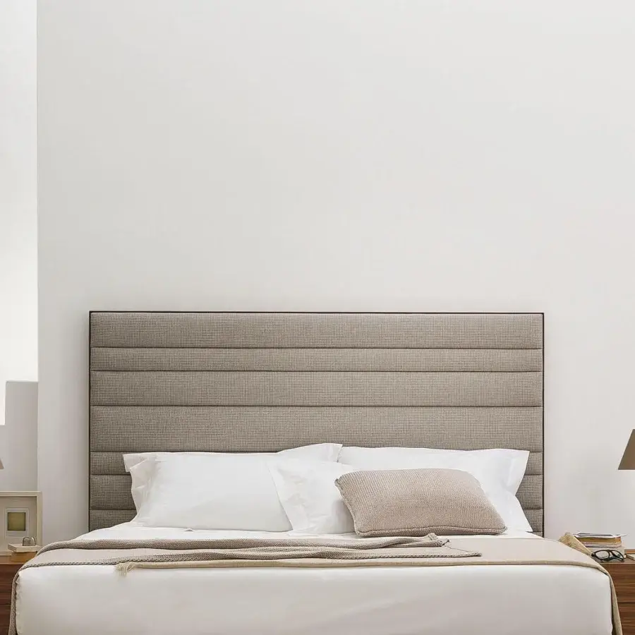Superior Porada Boheme & Morfeo bed crafted with canaletto walnut and beige textile upholstery exhibiting horizontal stitching
