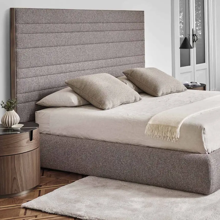 Lavish Porada Boheme & Morfeo bed with solid canaletto walnut and muted gray-beige upholstery crafted in Italy