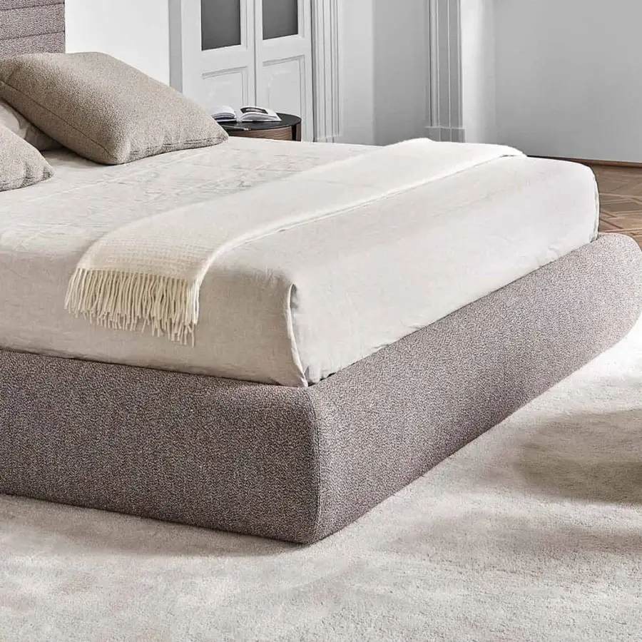 Exceptional Porada Boheme & Morfeo bed with warm gray bouclé textile and linear canaletto walnut accents