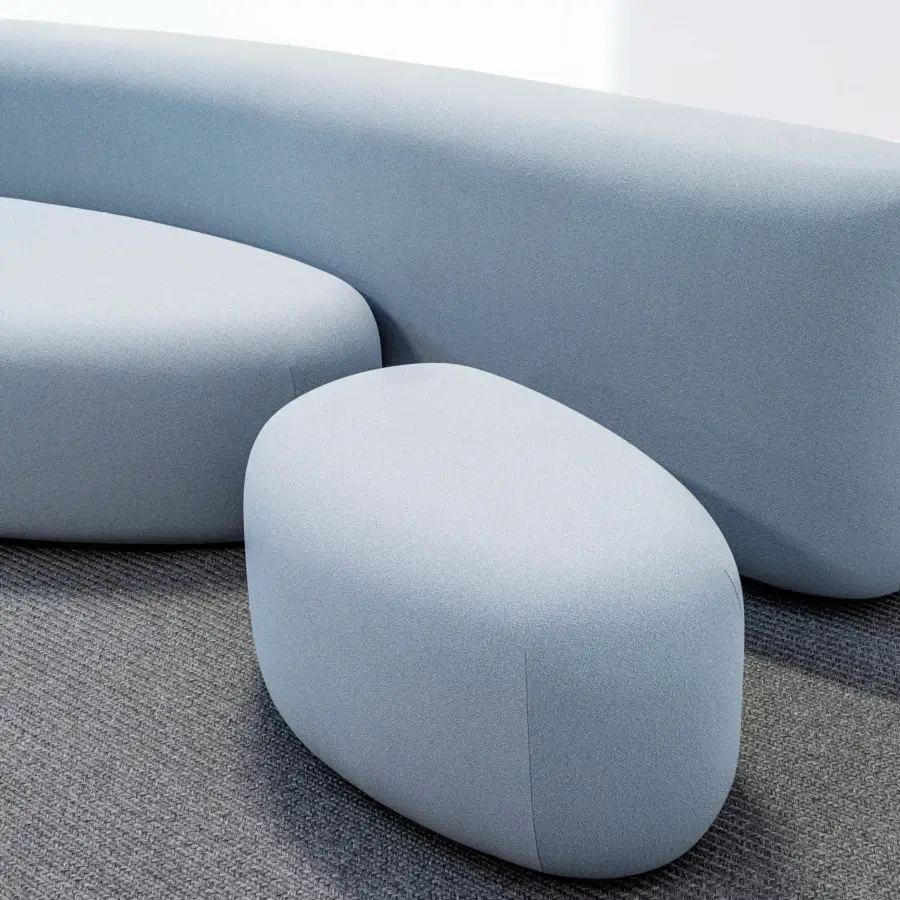 Lavish LaCividina Lisse sofa with uniquely sinuous form crafted in two-way stretch fabric and muted blue-grey hue
