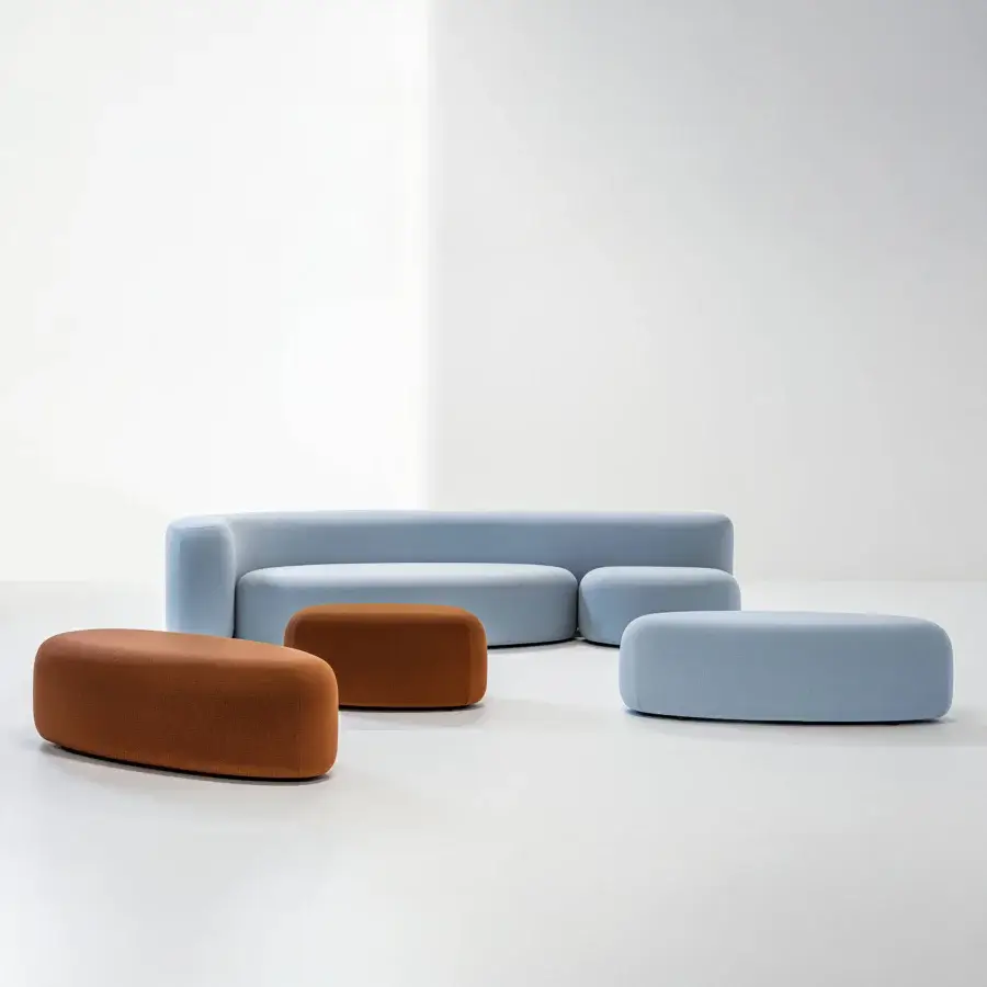 Superior LaCividina Lisse sofa with uniquely sinuous form upholstered in pale blue two-way stretch fabric with matte finish