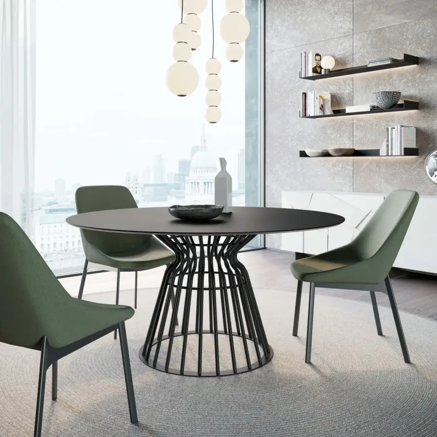 Distinguished Dallagnese Bomber table with dark metal rods and smooth, dark-toned finish crafted for elegant dining areas