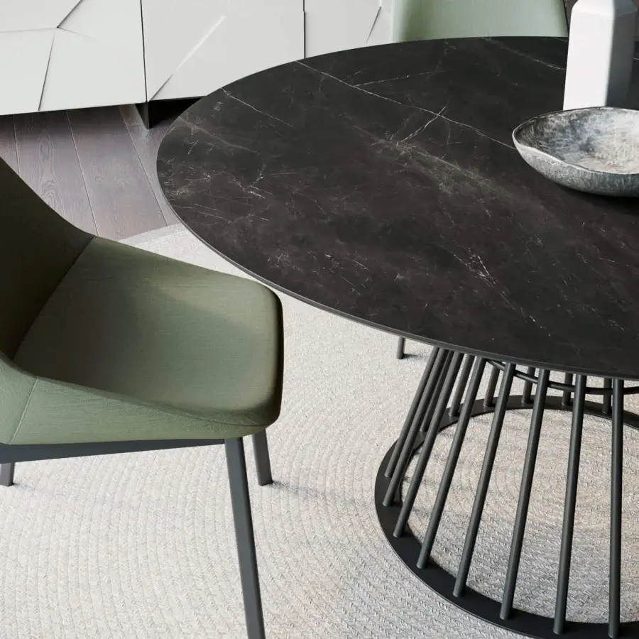 Elegant Dallagnese Bomber table with dark grey marble top and meticulously crafted matte dark grey metal rods