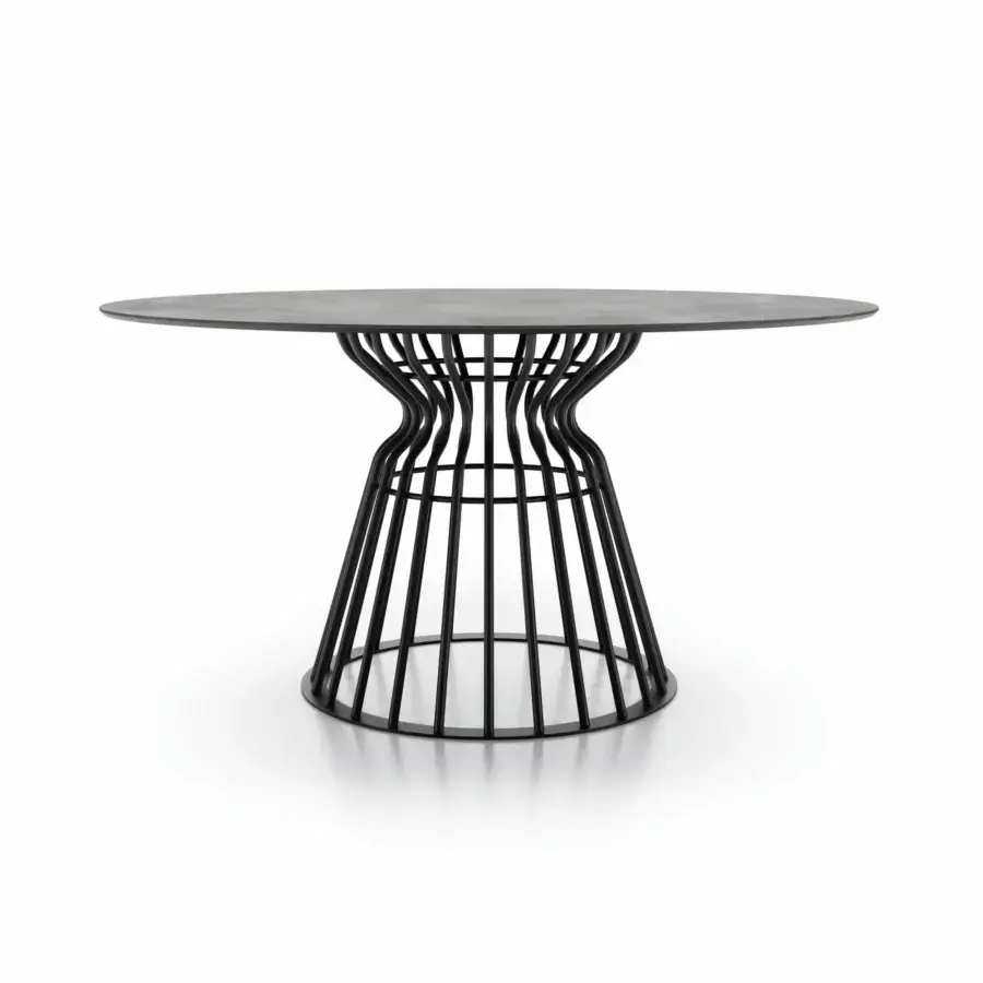 Distinguished Dallagnese Bomber table with round dark tabletop and dramatically flared matte black metal cage base
