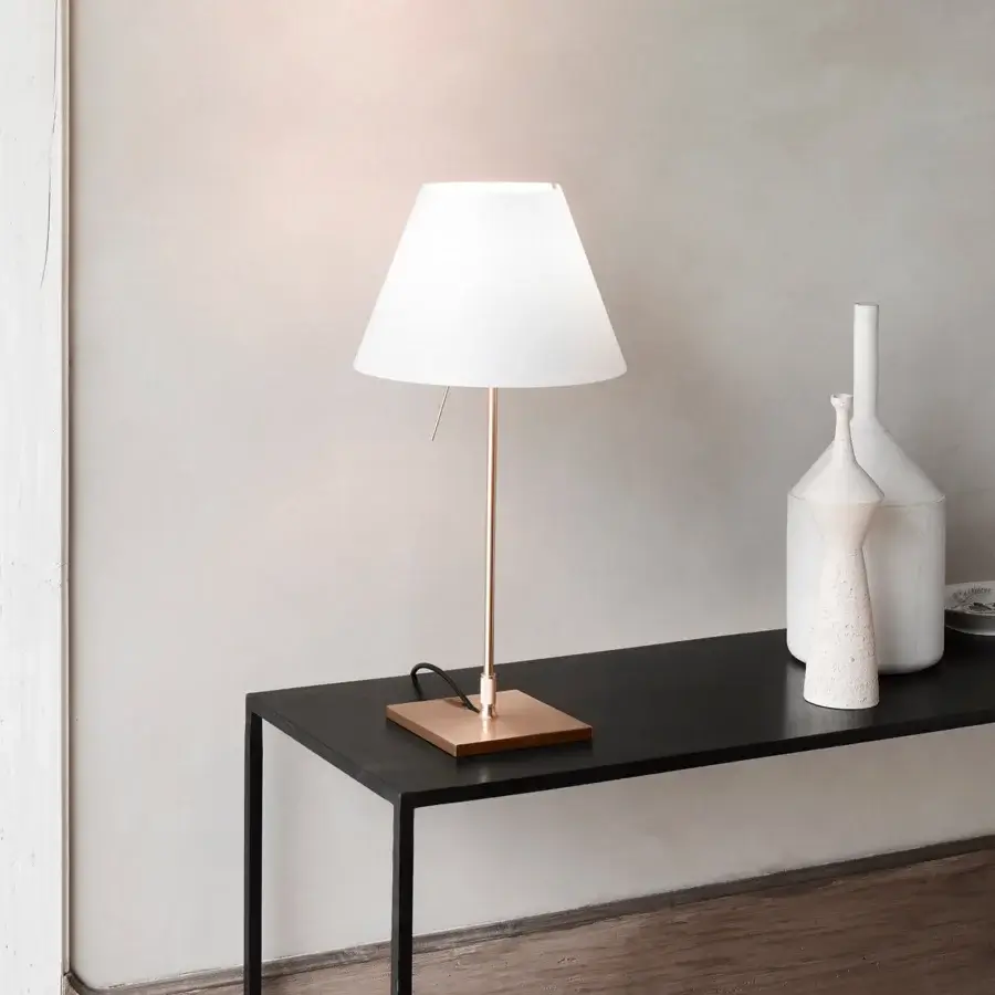 Superior Luceplan Costanzina table lamp with a bright white polycarbonate shade and brushed aluminum structure crafted in Italy