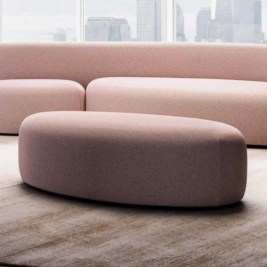 Exceptional LaCividina Lisse ottoman with uniquely organic form upholstered in muted rose two-way stretch fabric and seamless construction