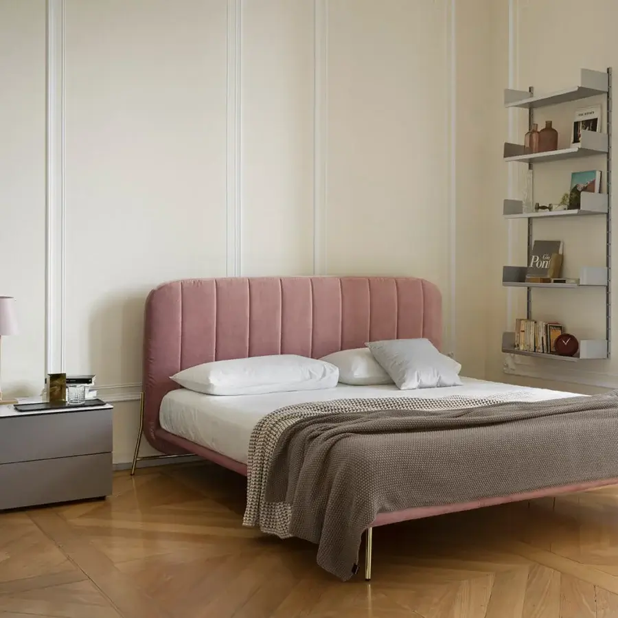 Superior Luceplan Costanzina table lamp with blush pink polycarbonate shade and matte light gray aluminum stem