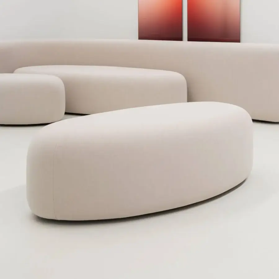 Exceptional LaCividina Lisse ottoman with uniquely inviting form upholstered in smooth two-way stretch fabric and light neutral beige textile