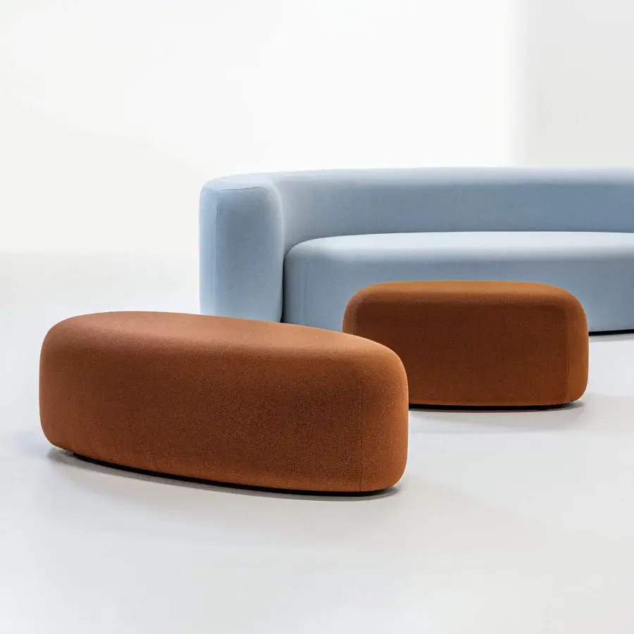 Exceptional LaCividina Lisse ottoman with inviting form upholstered in two-way stretch fabric and warm reddish-brown tone