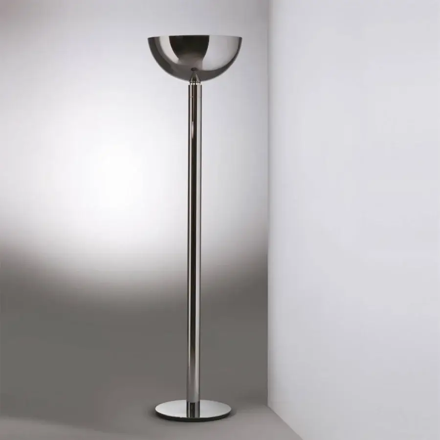 Distinguished Nemo AM2 floor lamp with slender silhouette crafted in polished metal and hand-blown glass diffuser