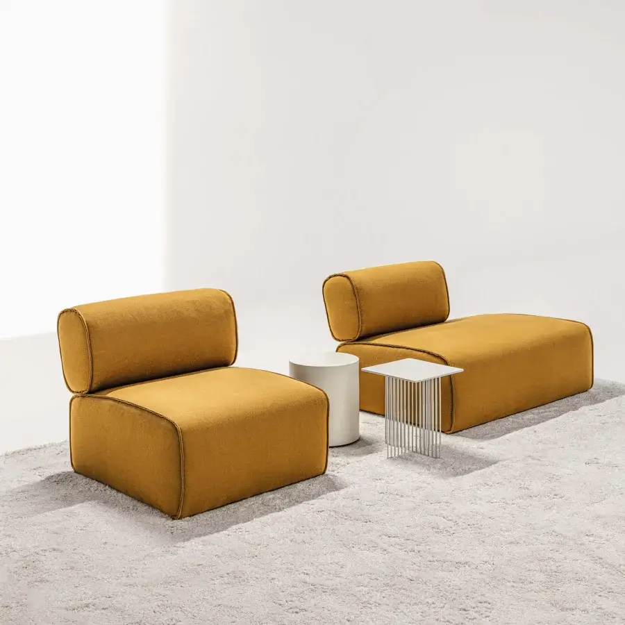 Distinguished LaCividina Nhoto lounge chair with textured golden yellow fabric upholstery and subtle contrasting piping detail