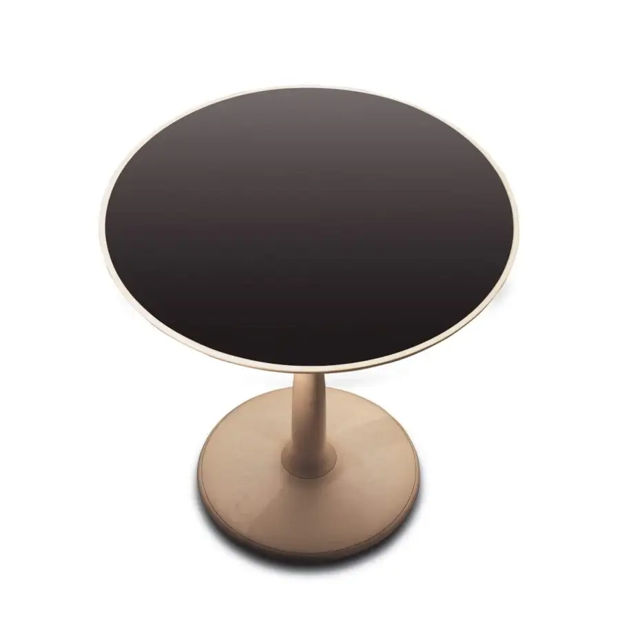Elegant Giorgetti Oti side table with polished maple wood and glacé crystal glass top, crafted with a satin-finished bronze column insert