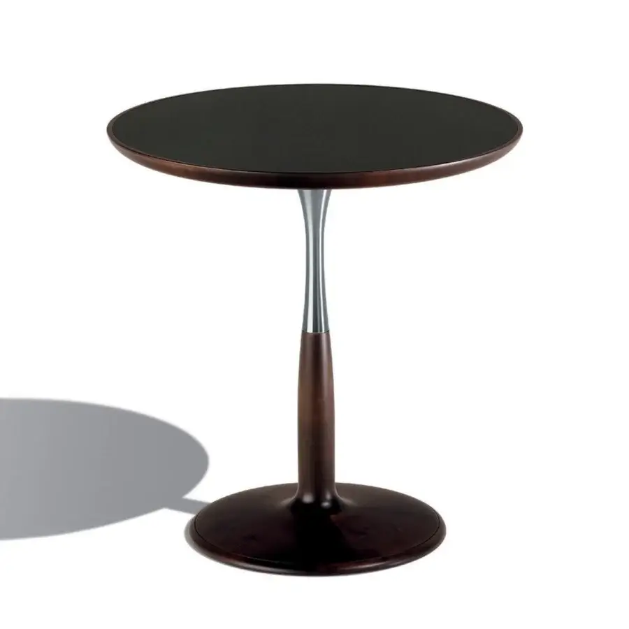 Refined Giorgetti Oti side table with polished maple wood base and column in dark brown tones with glacé crystal glass tabletop