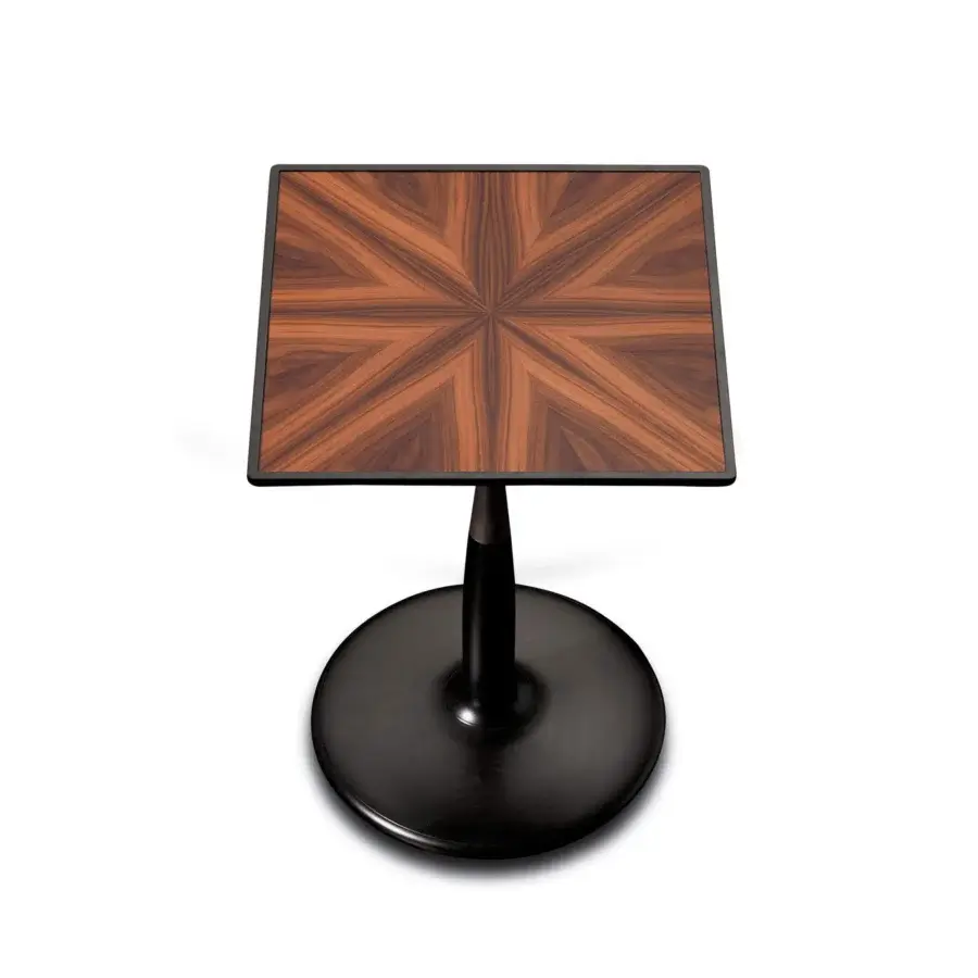 Elegant Giorgetti Oti side table with polished maple wood and a satin bronze column, showcasing a captivating Pau ferro veneer tabletop with radial inlay