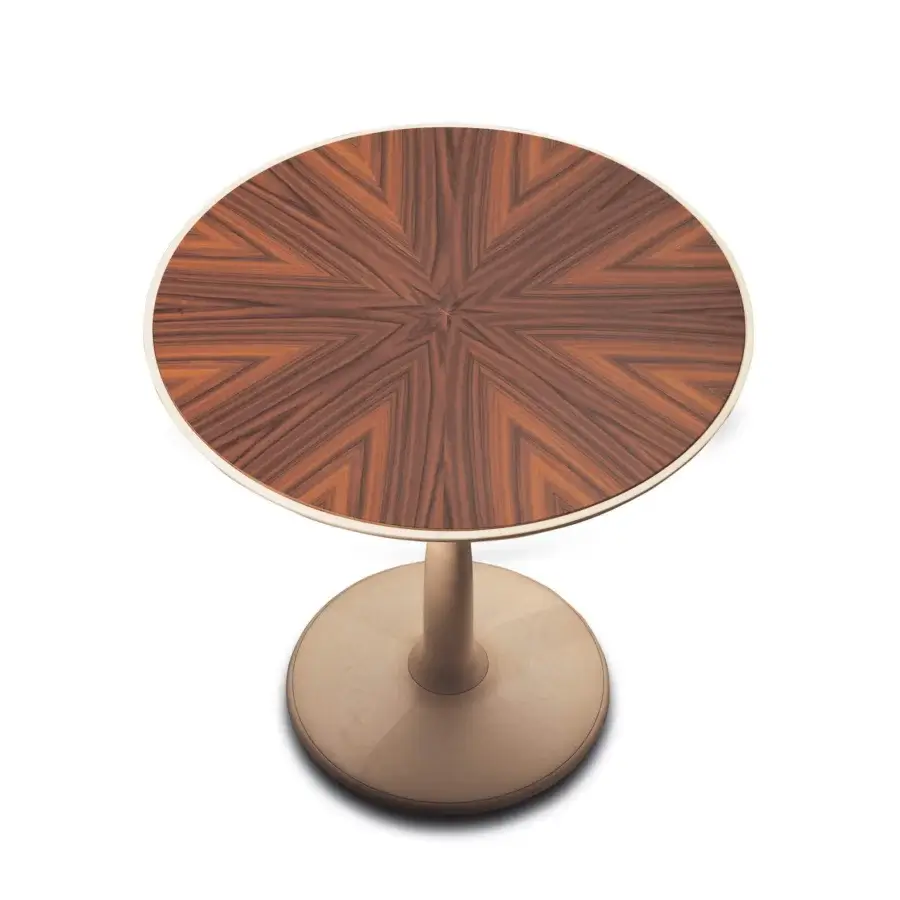 Exceptional Giorgetti Oti side table with Pau ferro veneer, glacé crystal glass, satin nickel-plated aluminum and polished maple wood base