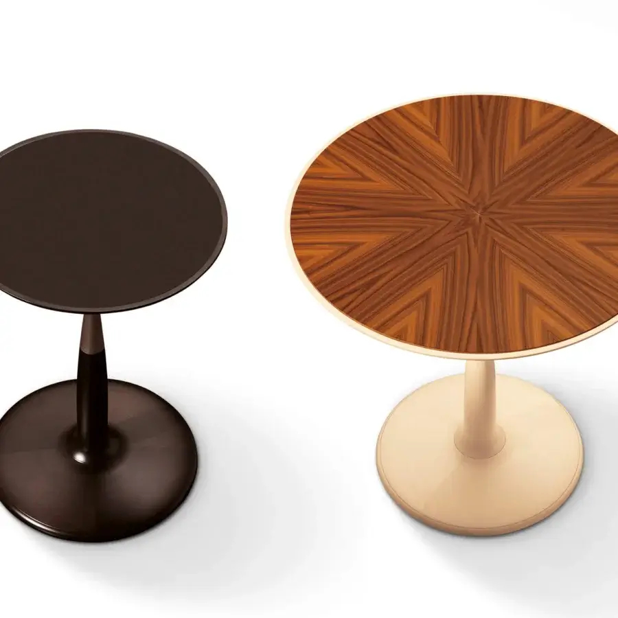Superior Giorgetti Oti side table with polished maple wood, satin bronze, and radial Pau ferro veneer top
