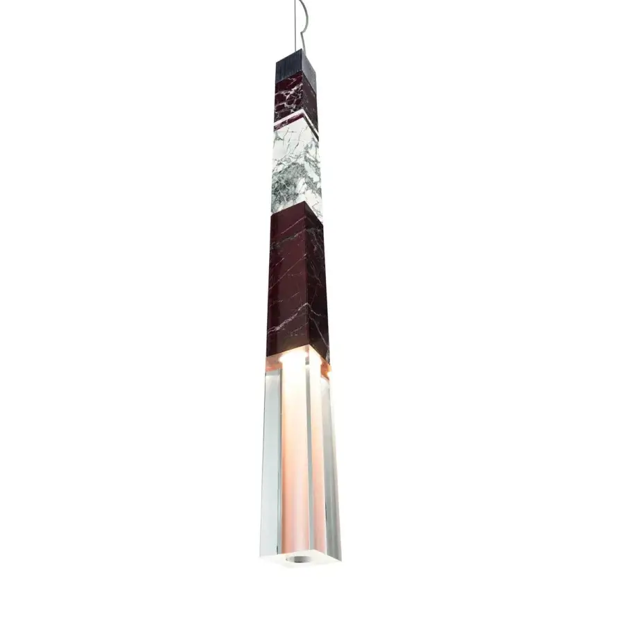 Captivating Visionnaire Milano suspension lamp with burgundy and white marble and glossy polycarbonate diffuser in polished finish