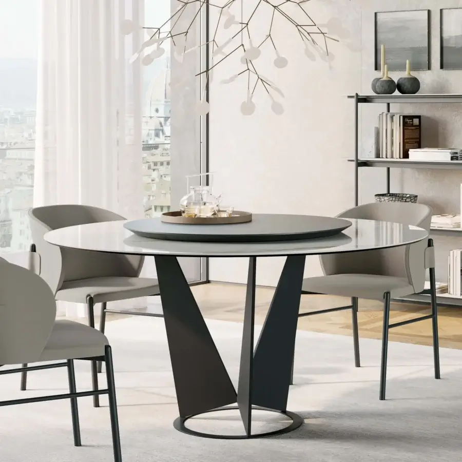Distinctive Dallagnese Eiffel round table with light gray glass tabletop and matte dark gray metal base crafted in balanced geometry