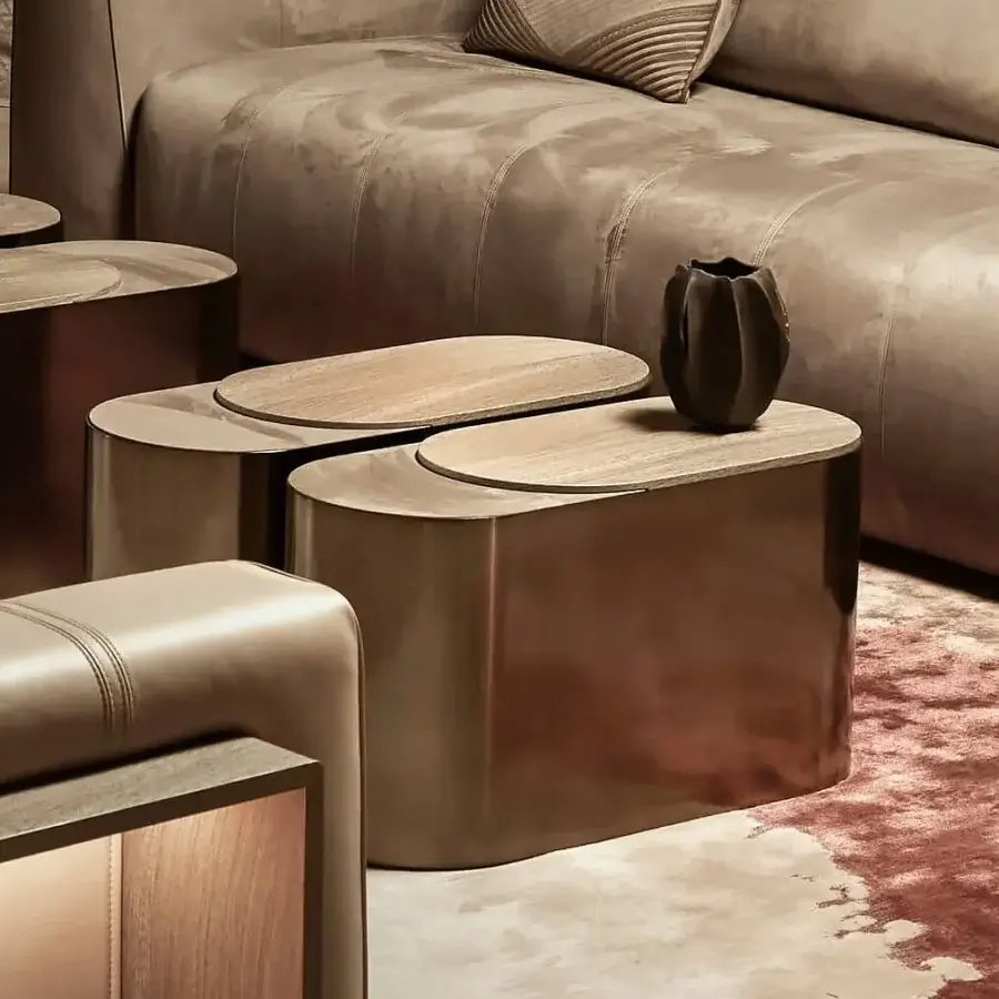 Distinguished Visionnaire Sollis coffee table with soft microfiber and open-pore veneered wood in a muted brown palette with satin finish