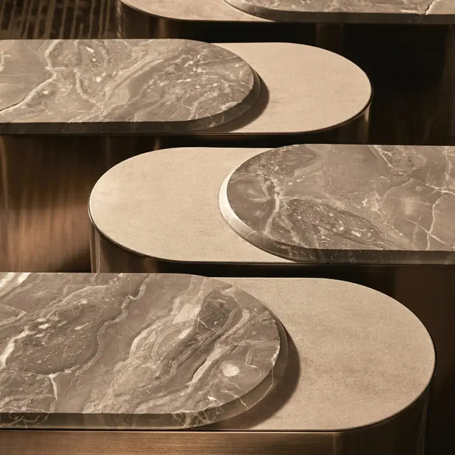 Exceptional Visionnaire Sollis coffee table with open-pore veneered wood and soft microfiber, built with a satin-finished metal base