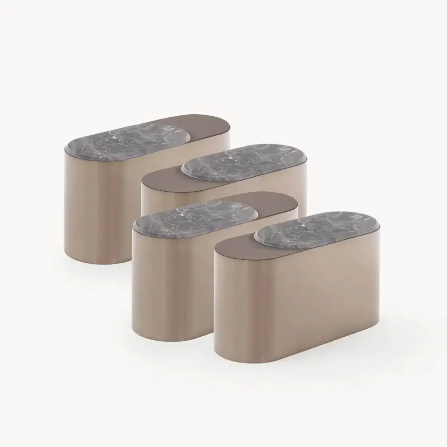 Distinguished Visionnaire Sollis coffee table with satin bronze metal base and “leather”-finished marble tabletop exhibiting cool grey veining