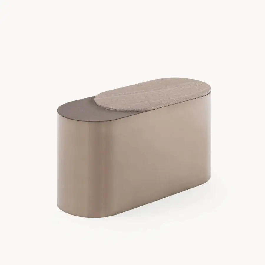 Elegant Visionnaire Sollis coffee table with warm gray satin metal and open-pore veneered wood construction