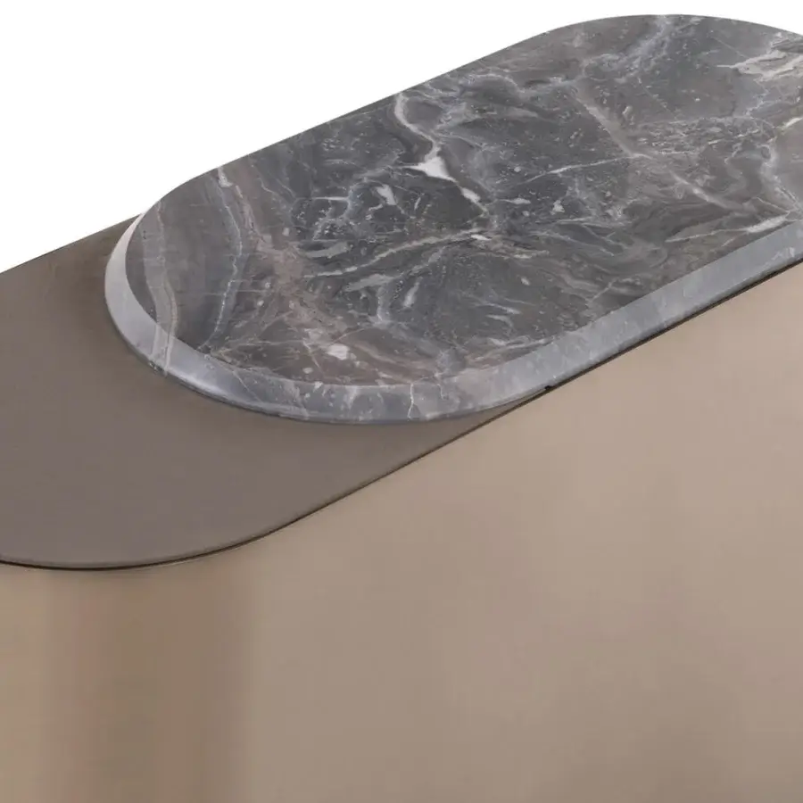 Sophisticated Visionnaire Sollis coffee table with bronze satin metal and open-pore veneered wood plus soft microfiber