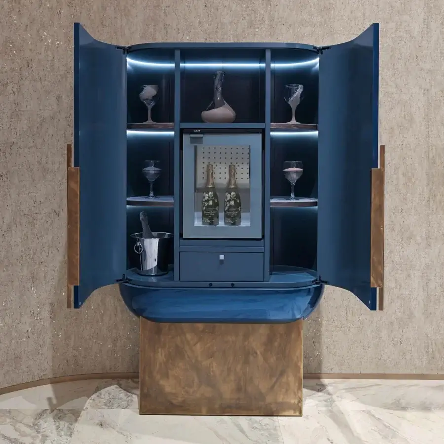 Exceptional Visionnaire Siona bar cabinet with curved form built in wood, metal and soft microfiber with satin finish