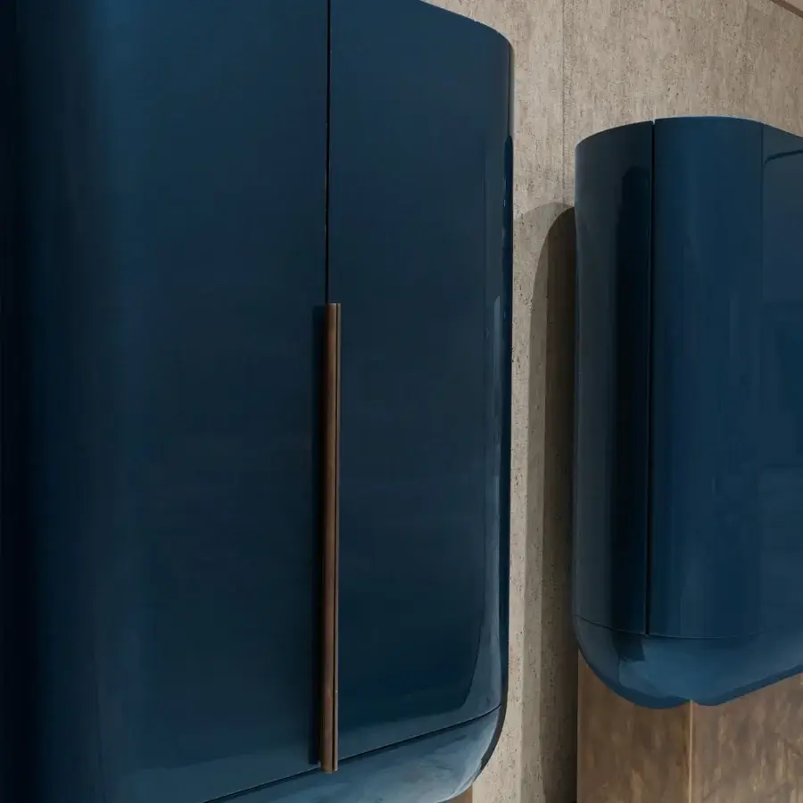 Elegant Visionnaire Siona bar cabinet with a high-gloss teal blue lacquer body and metallic-finished wood base