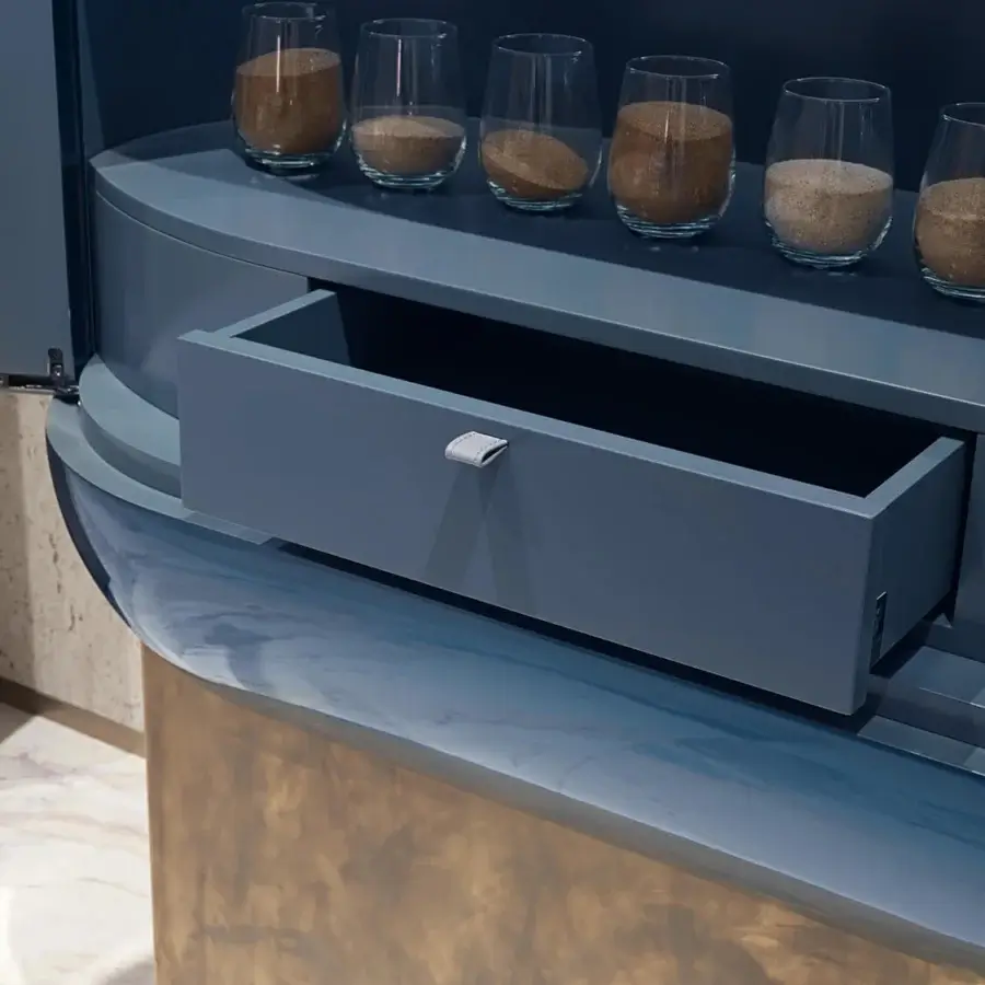 Distinguished Visionnaire Siona bar cabinet with muted blue-gray finish and smooth matte synthetic material construction