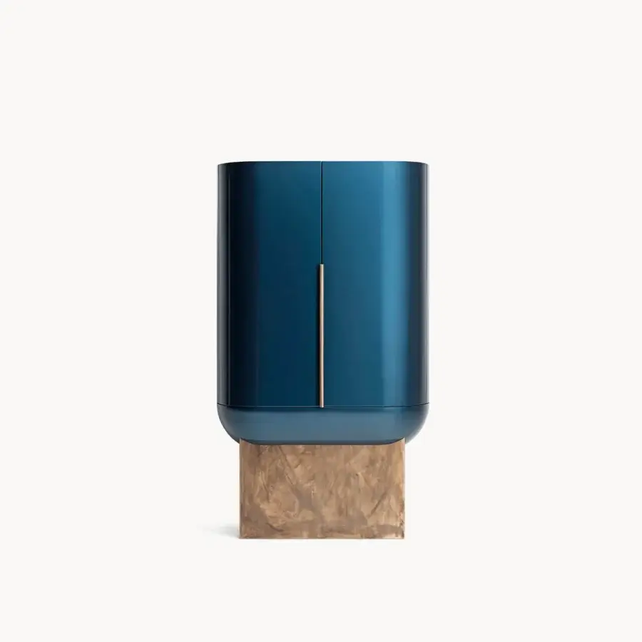 Exceptional Visionnaire Siona bar cabinet with rounded form in deep teal glossy material and textured veneered wood base