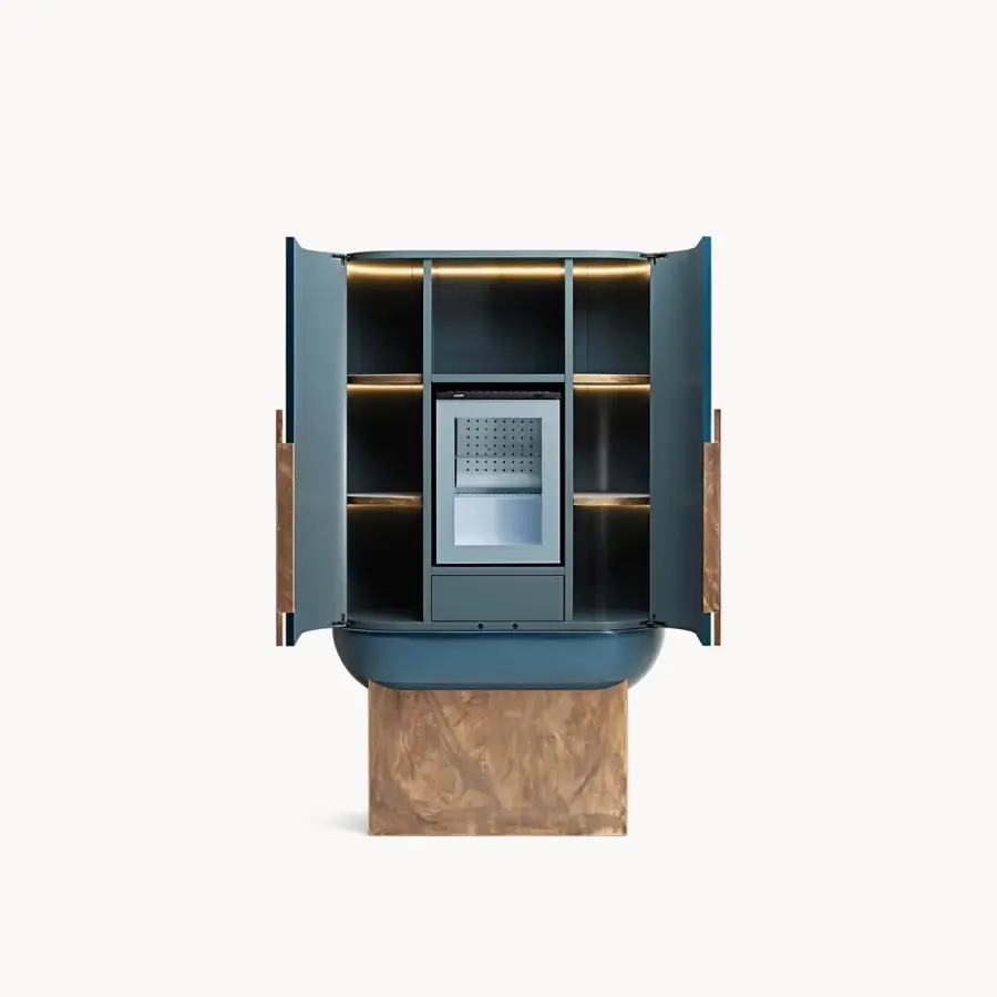 Elegant Visionnaire Siona bar cabinet with organic form in matte teal blue and open-pore veneered wood crafted with metallic accents