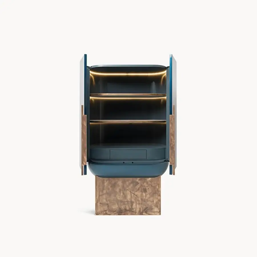 Superior Visionnaire Siona bar cabinet in striking teal with textured base and satin interior crafted with gold-toned metal detailing