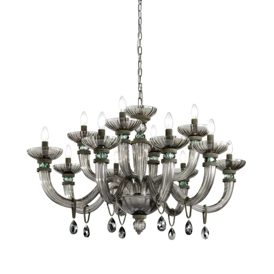 Exquisite Euroluce Dahlia chandelier built with smoky grey nabuk, Veneto glass, Tuscan cups and viridian crystals